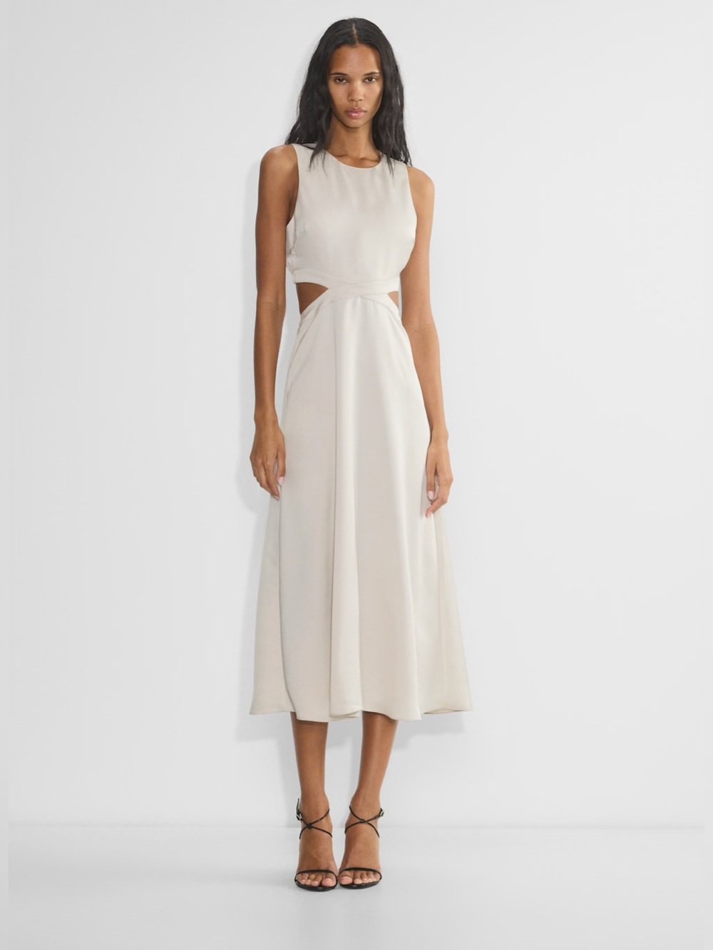 Aritzia Babaton Cella Satin Dress Sleeveless Cream Cutout Midi Dress Sz L
